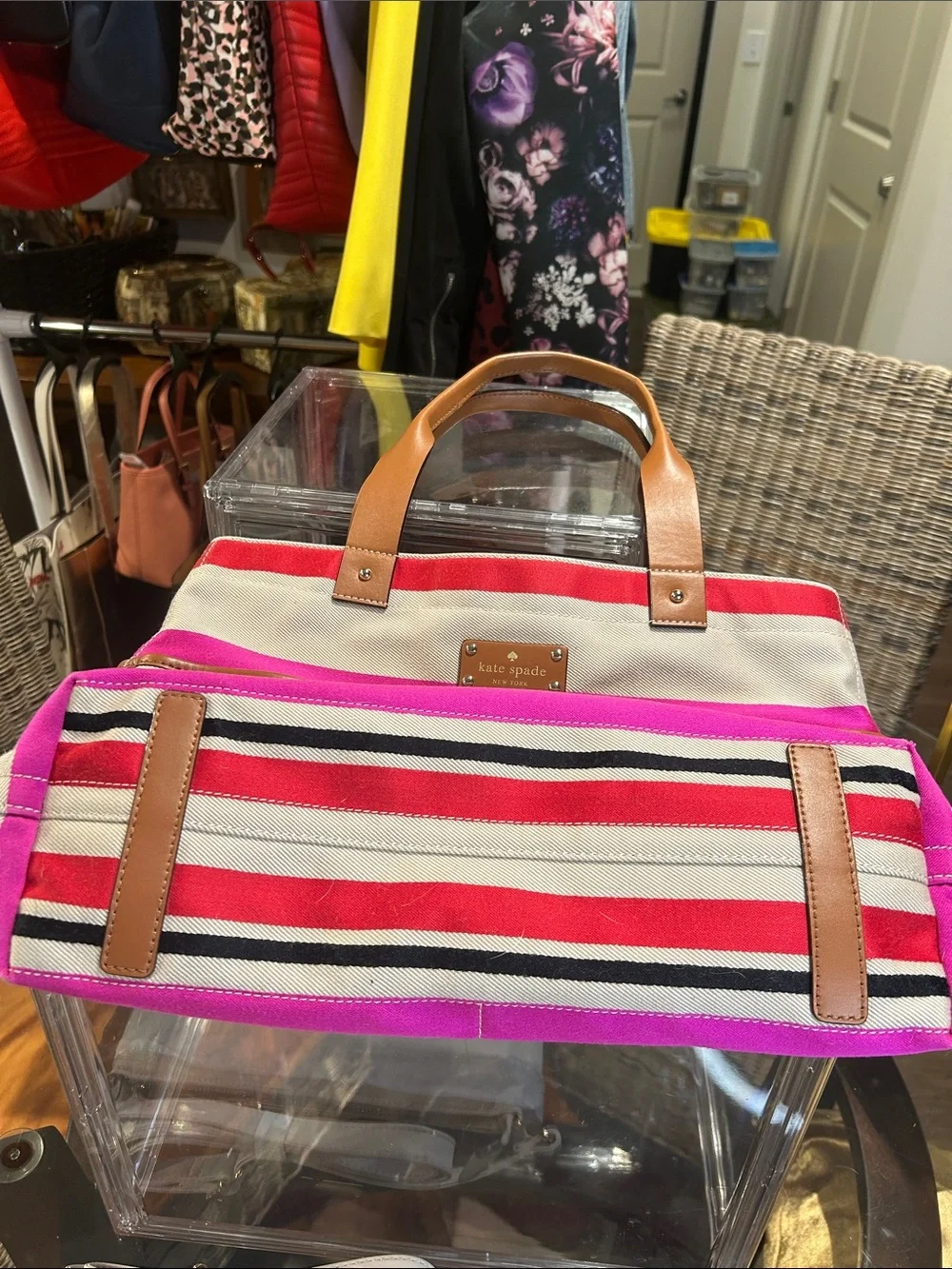 Kate Spade Storybook Oak Island Striped Canvas & Leather Tote 15”x 5”x 11.5” EUC